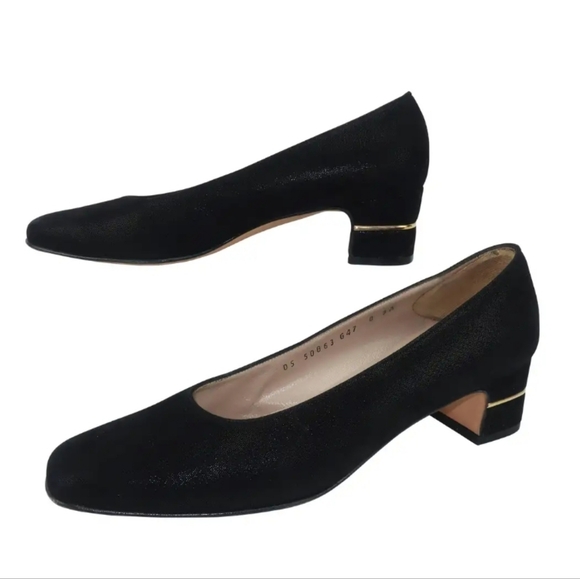 Salvatore Ferragamo Shoes - Salvatore Ferragamo Classic Laminated Black Suede Shoes With Gold Details Size 8